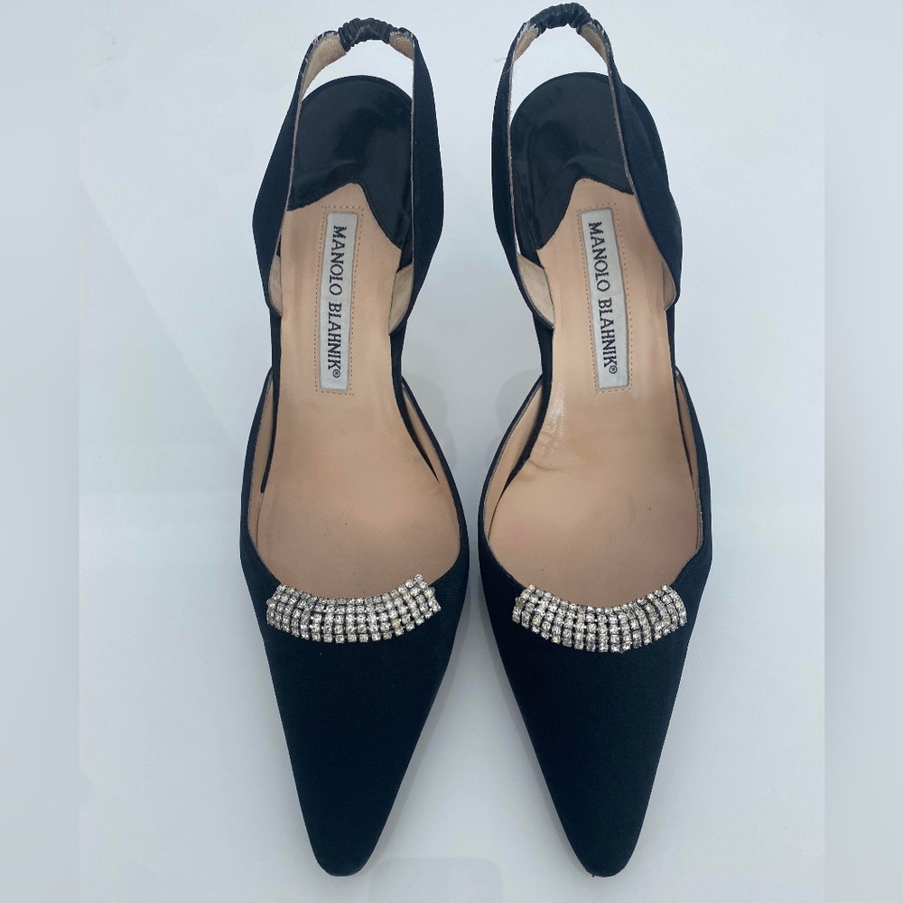 Manolo Blahnik Size 37 (6US) Black Sling Back with Rhinestones.